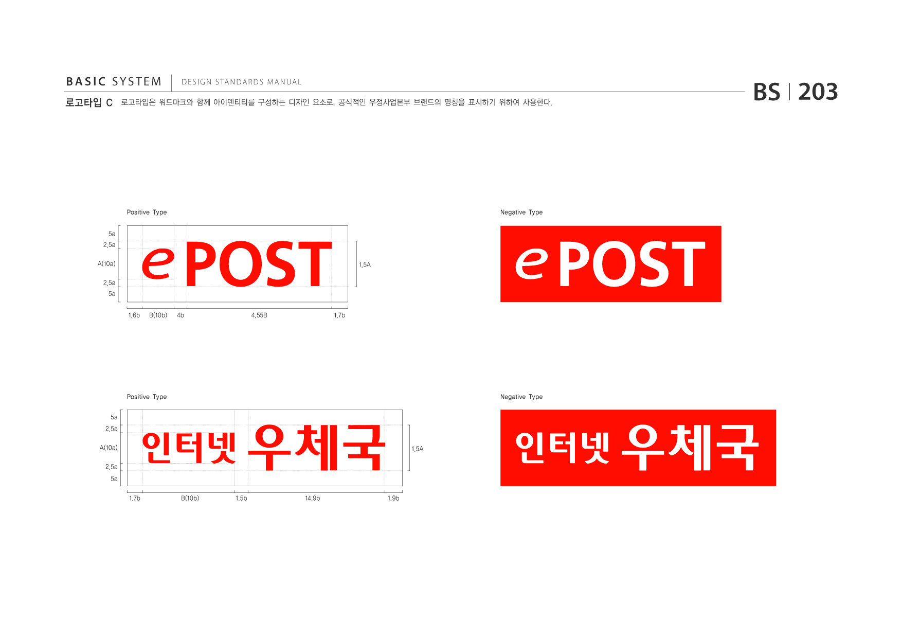 BASIC SYSTEM  DESIGN STANDARDS MANUAL 로고타입 C 로고타입은 워드마크와 함께 아이덴티티를 구성하는 디자인 요소로, 공식적인 우정사업본부 브랜드의 명칭을 표시하기 위하여 사용한다. BS I 203 Positive Type 5a 2.5a A(10a) 2.5a 5a 1.6b B(10b) 4b 4.55b 1.7b 1.5A ePOST Negative Type ePOST Positive Type 5a 2.5a A(10a) 2.5a 5a 1.7b B(10b) 1.5b 14.9b 1.9b 1.5A 인터넷 우체국 Negative Type 인터넷 우체국 